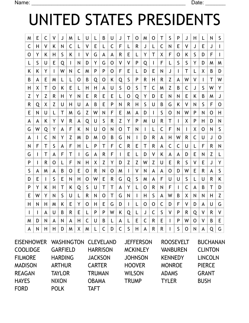 UNITED STATES PRESIDENTS Word Search