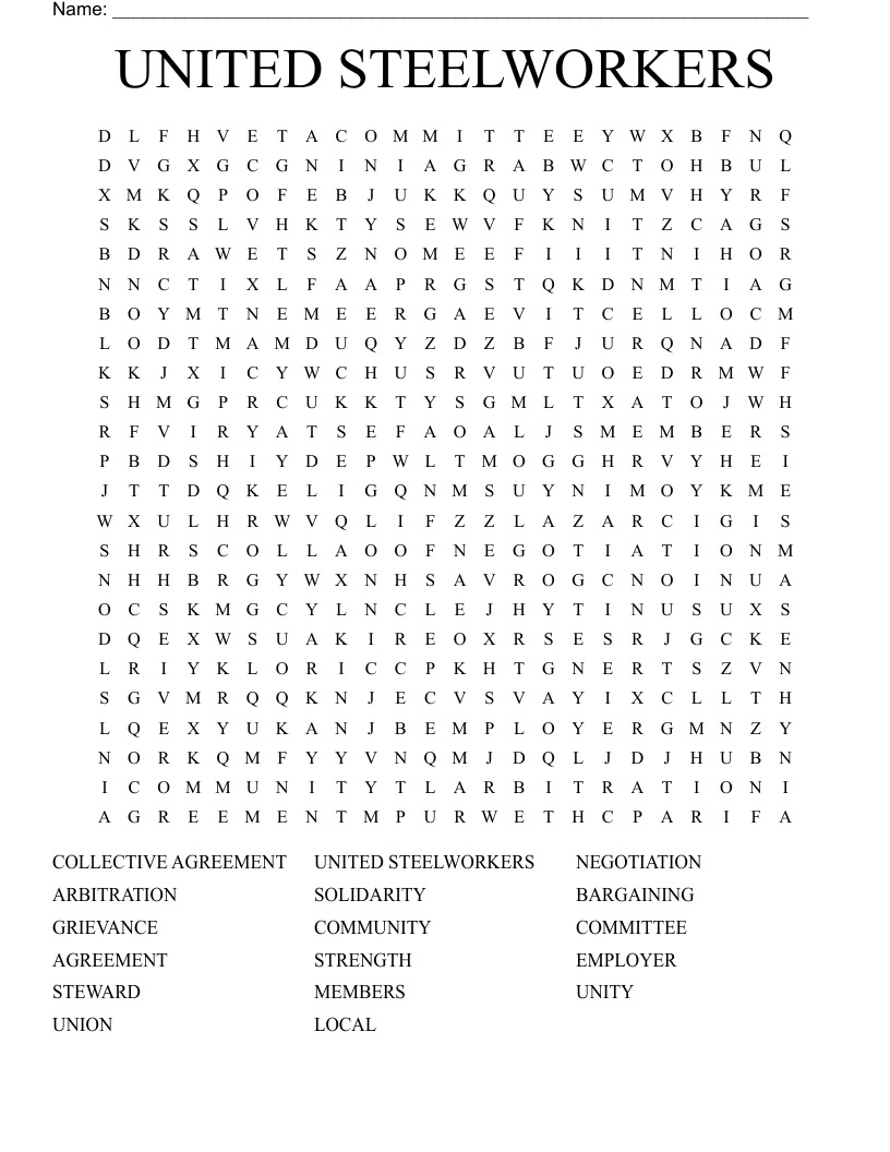 UNITED STEELWORKERS Word Search