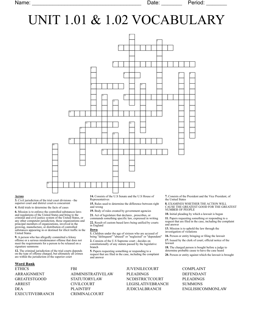 UNIT 1.01 & 1.02 VOCABULARY  Crossword