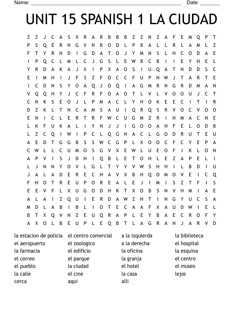 UNIT 15 SPANISH 1 LA CIUDAD Word Search