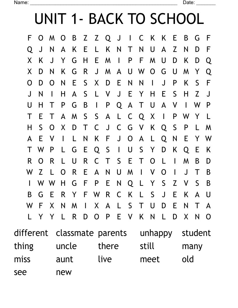 UNIT 1- BACK TO SCHOOL Word Search