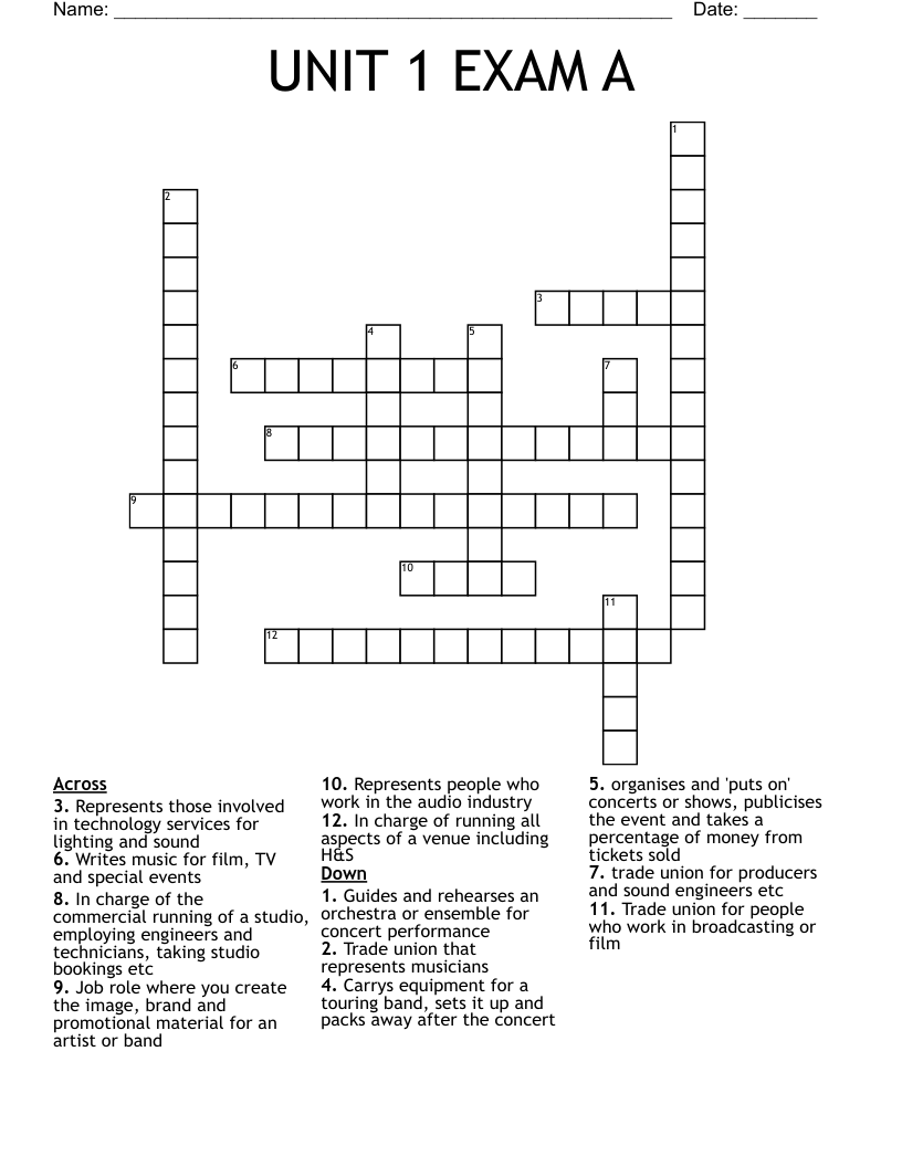 UNIT 1 EXAM A Crossword