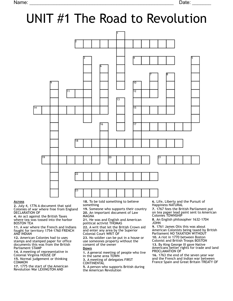 UNIT #1 The Road  to Revolution Crossword