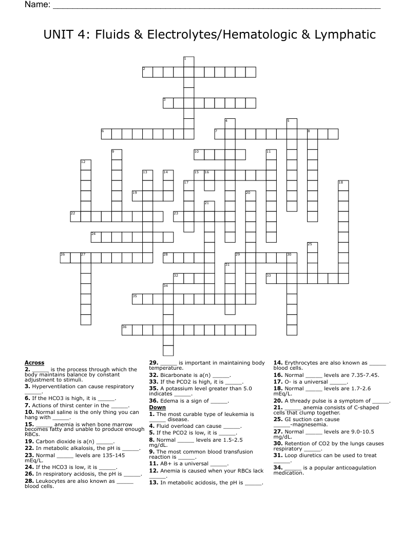 UNIT 4: Fluids & Electrolytes/Hematologic & Lymphatic Crossword