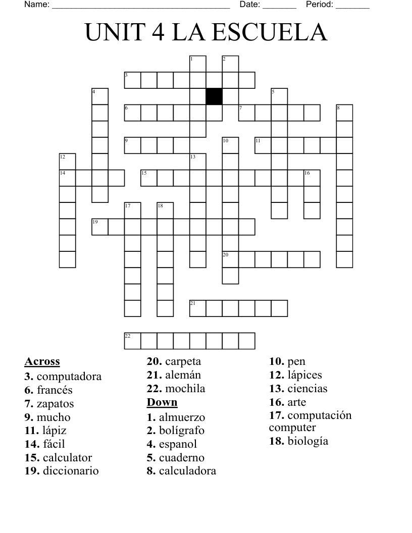 UNIT 4 LA ESCUELA  Crossword