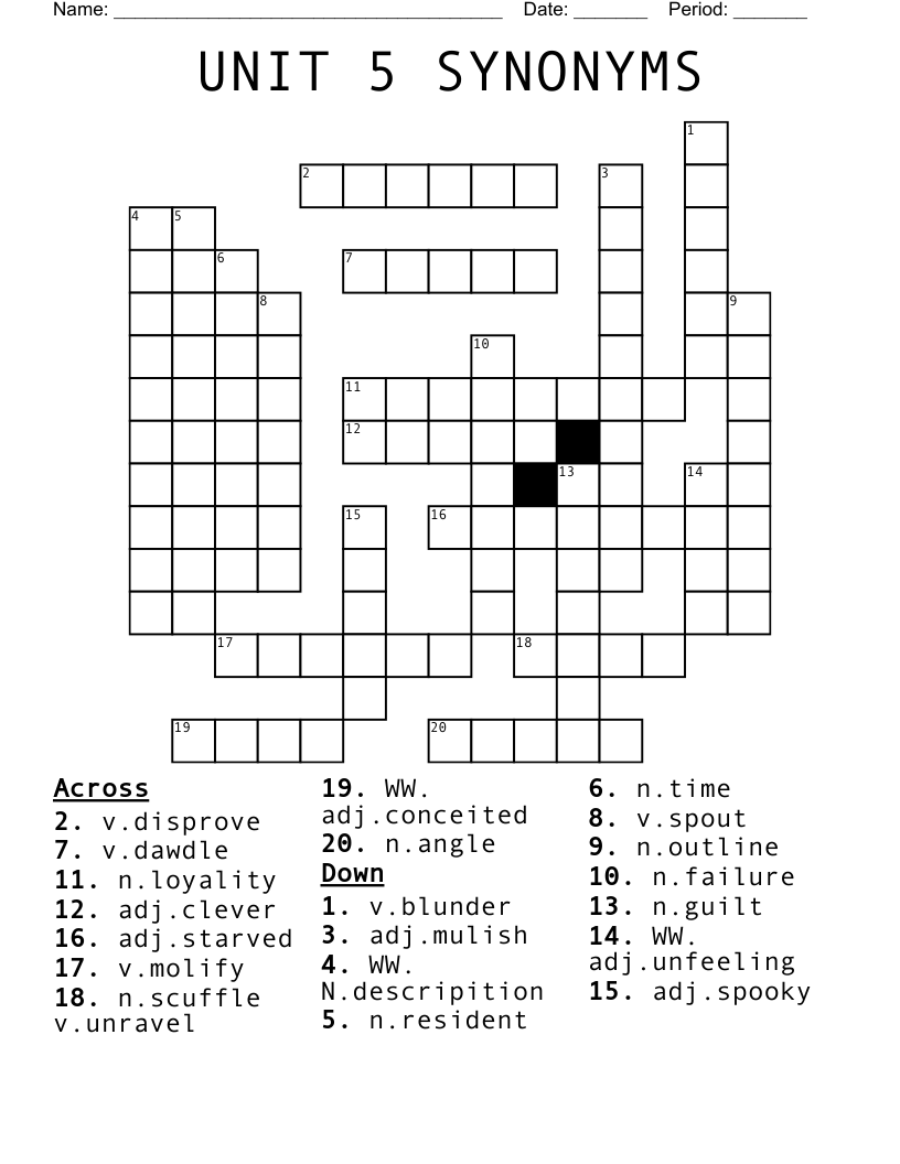 UNIT 5 SYNONYMS Crossword