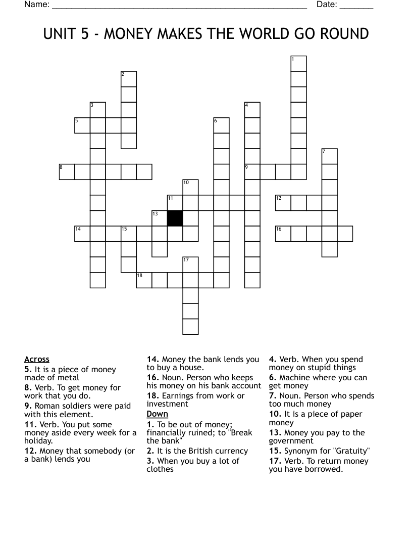 UNIT 5 - MONEY MAKES THE WORLD GO ROUND Crossword