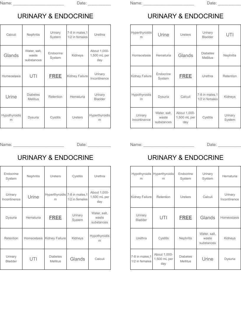 URINARY & ENDOCRINE Bingo Cards