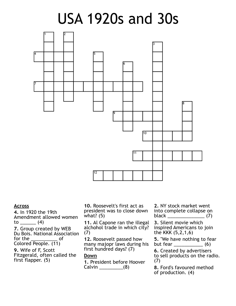 USA 1920s and 30s Crossword