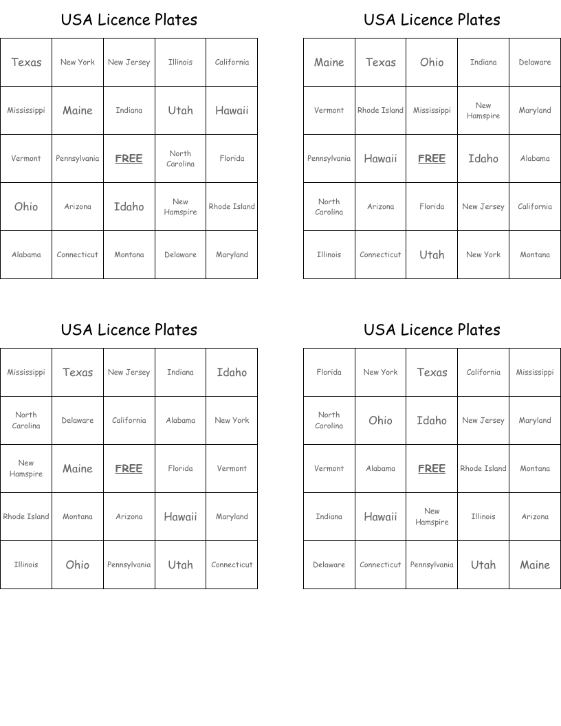 USA Licence Plates Bingo Cards