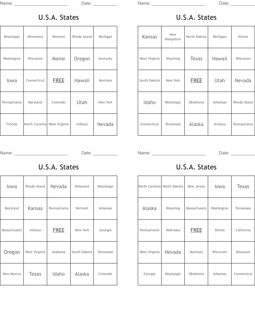 U.S.A. States Bingo Cards
