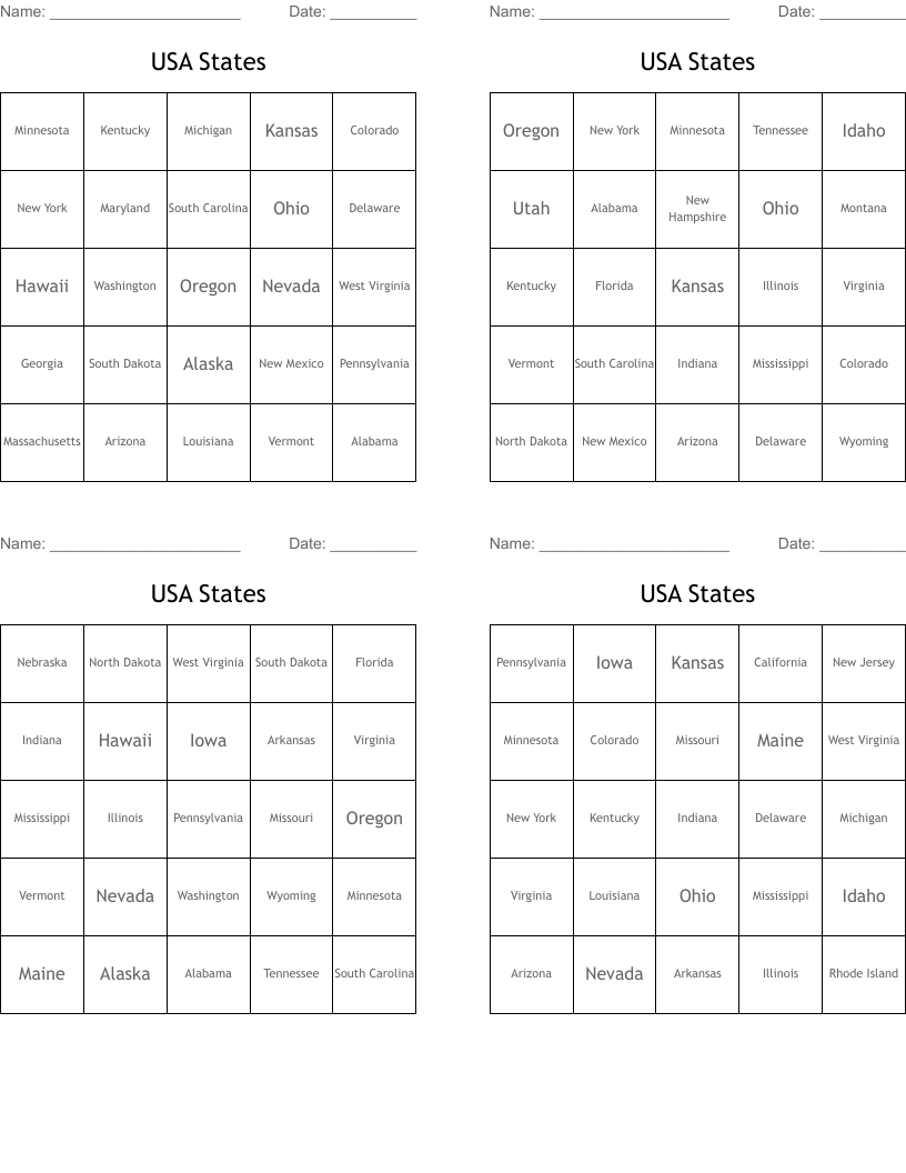 USA States Bingo Cards