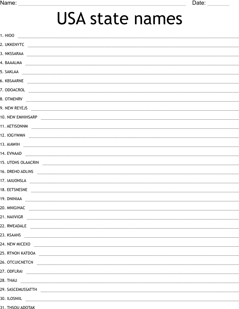 USA state names Word Scramble