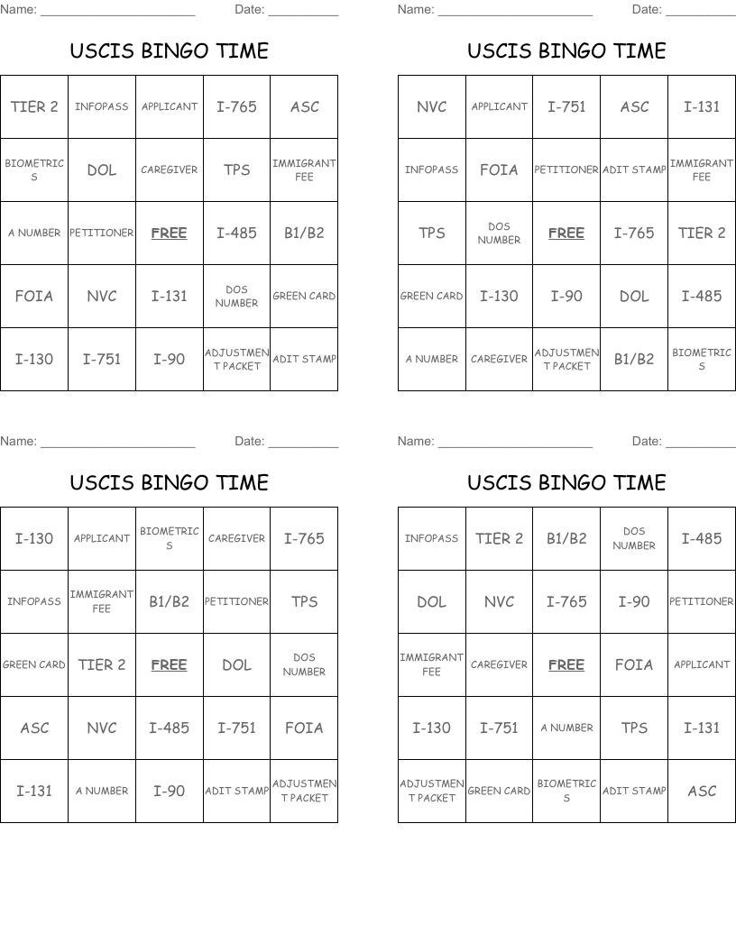 USCIS BINGO TIME