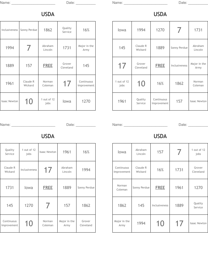 USDA Bingo Cards