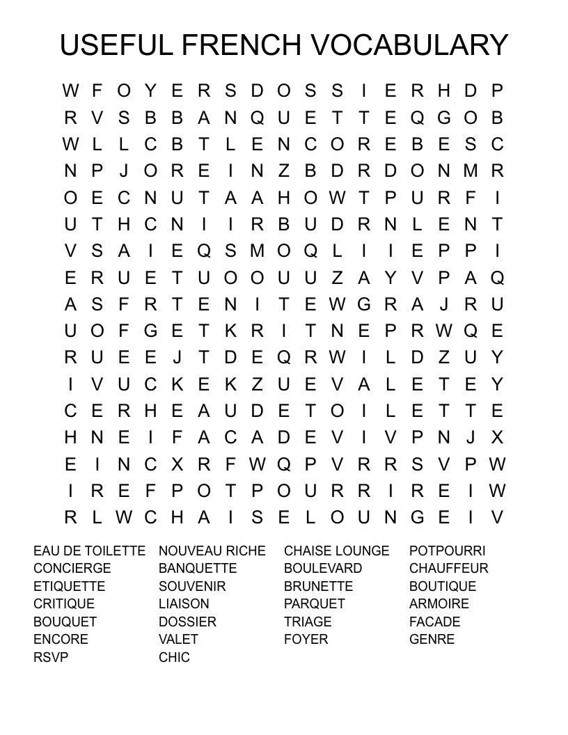 USEFUL FRENCH VOCABULARY Word Search