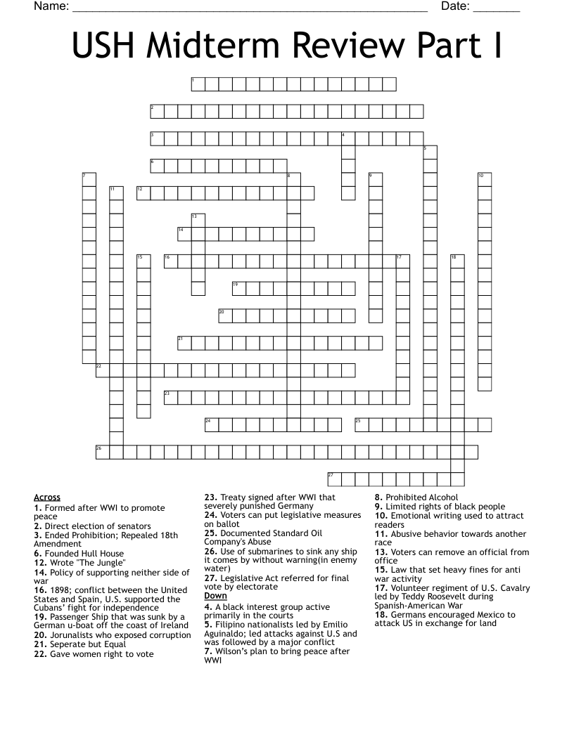 USH Midterm Review Part I Crossword