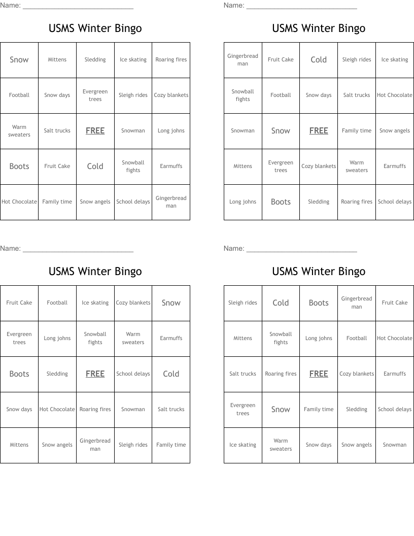 USMS Winter Bingo