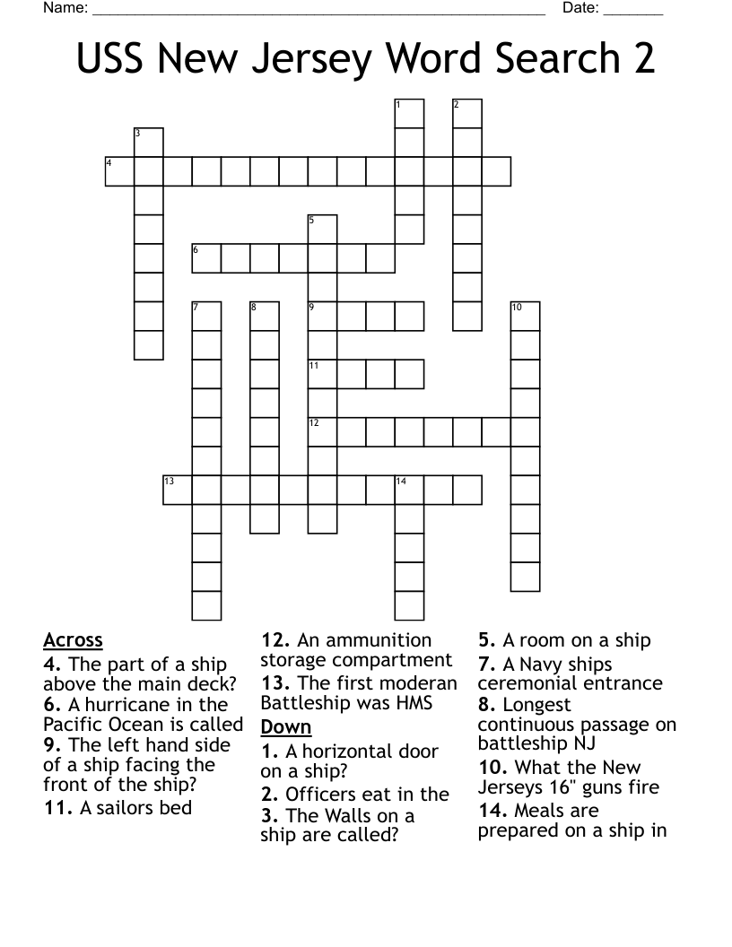 USS New Jersey Word Search 2 Crossword