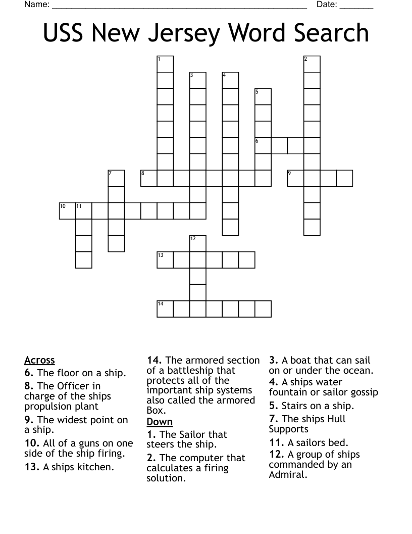 USS New Jersey Word Search Crossword