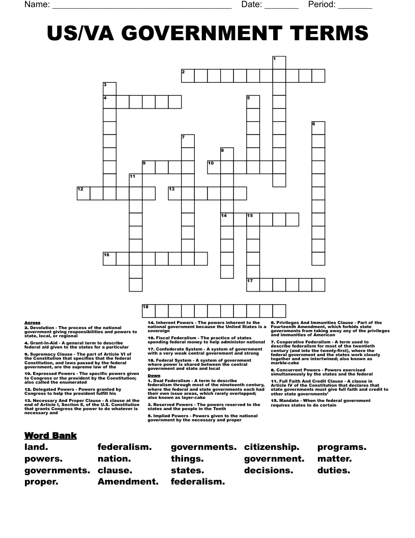 US/VA GOVERNMENT TERMS  Crossword