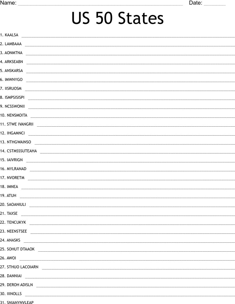 US 50 States Word Scramble