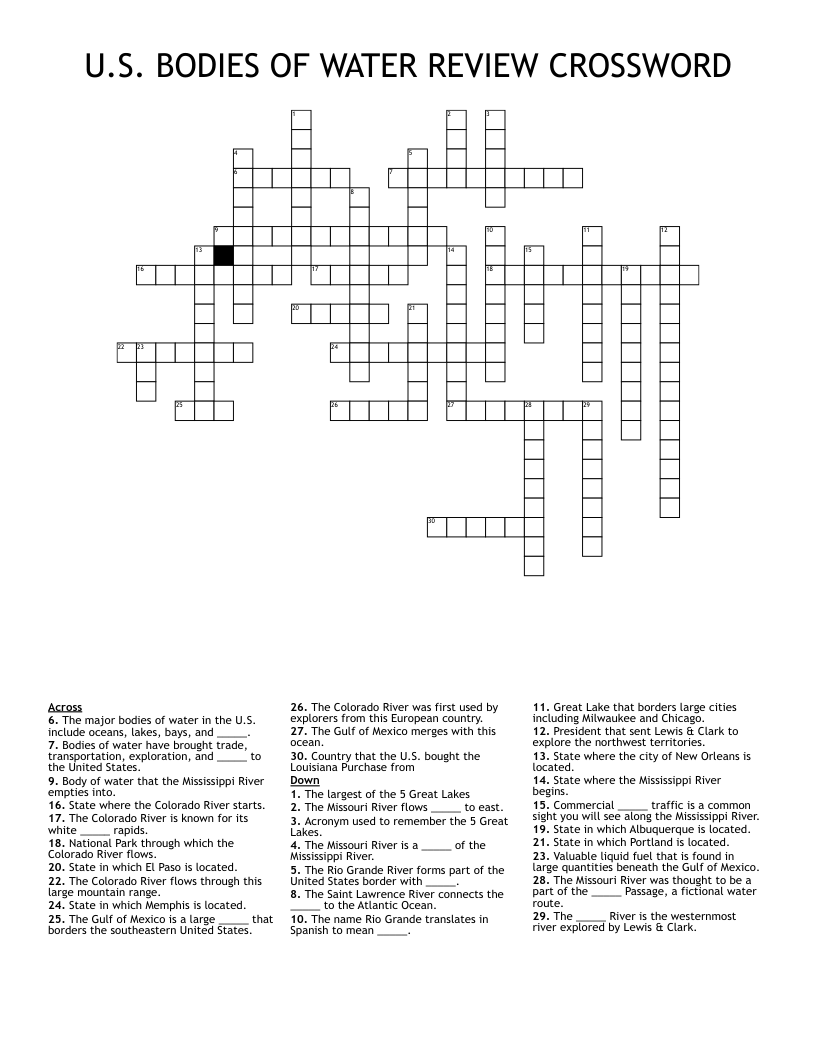 U.S. BODIES OF WATER REVIEW CROSSWORD