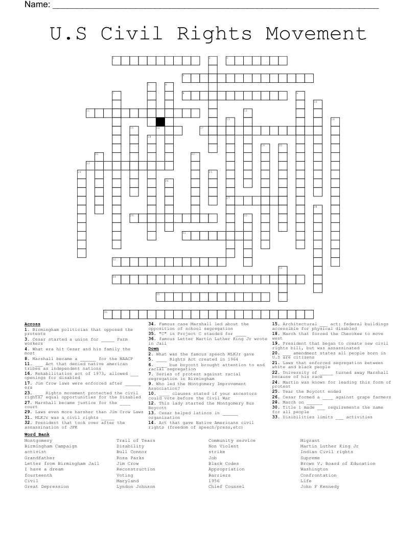 U.S Civil Rights Movement  Crossword