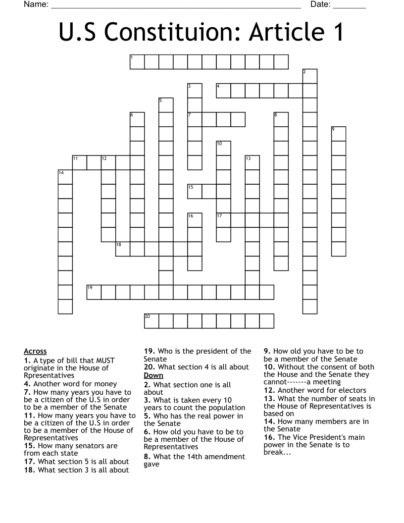 U.S Constituion: Article 1 Crossword