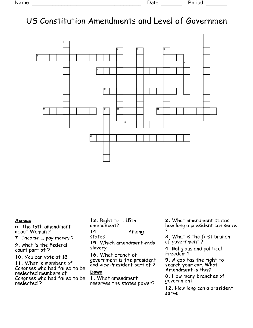 US Constitution Amendments and Level of Governmen Crossword