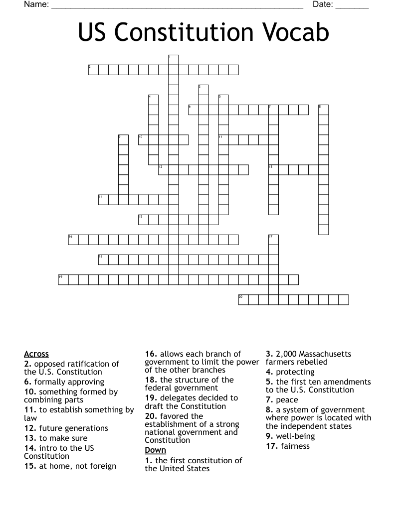 US Constitution Vocab Crossword