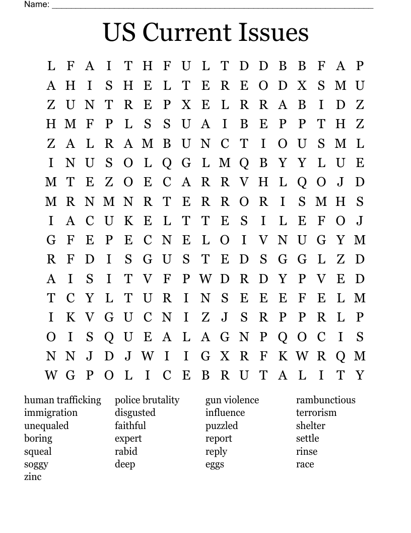 US Current Issues Word Search