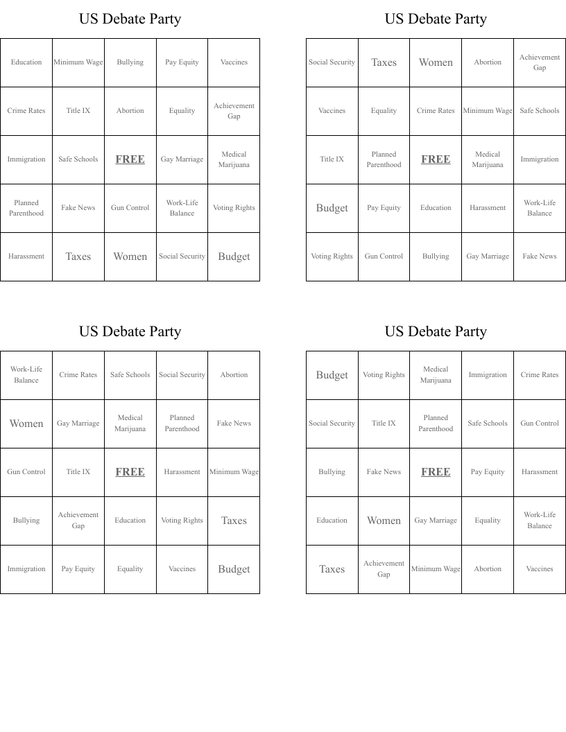 US Debate Party Bingo Cards