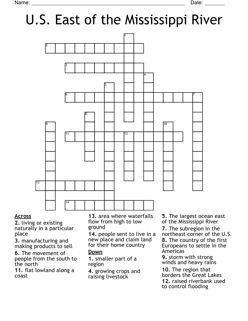 U.S. East of the Mississippi River Crossword