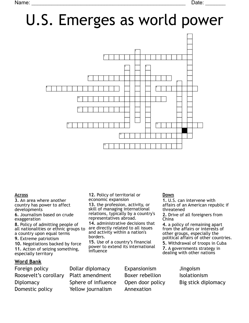 U.S. Emerges as world power Crossword