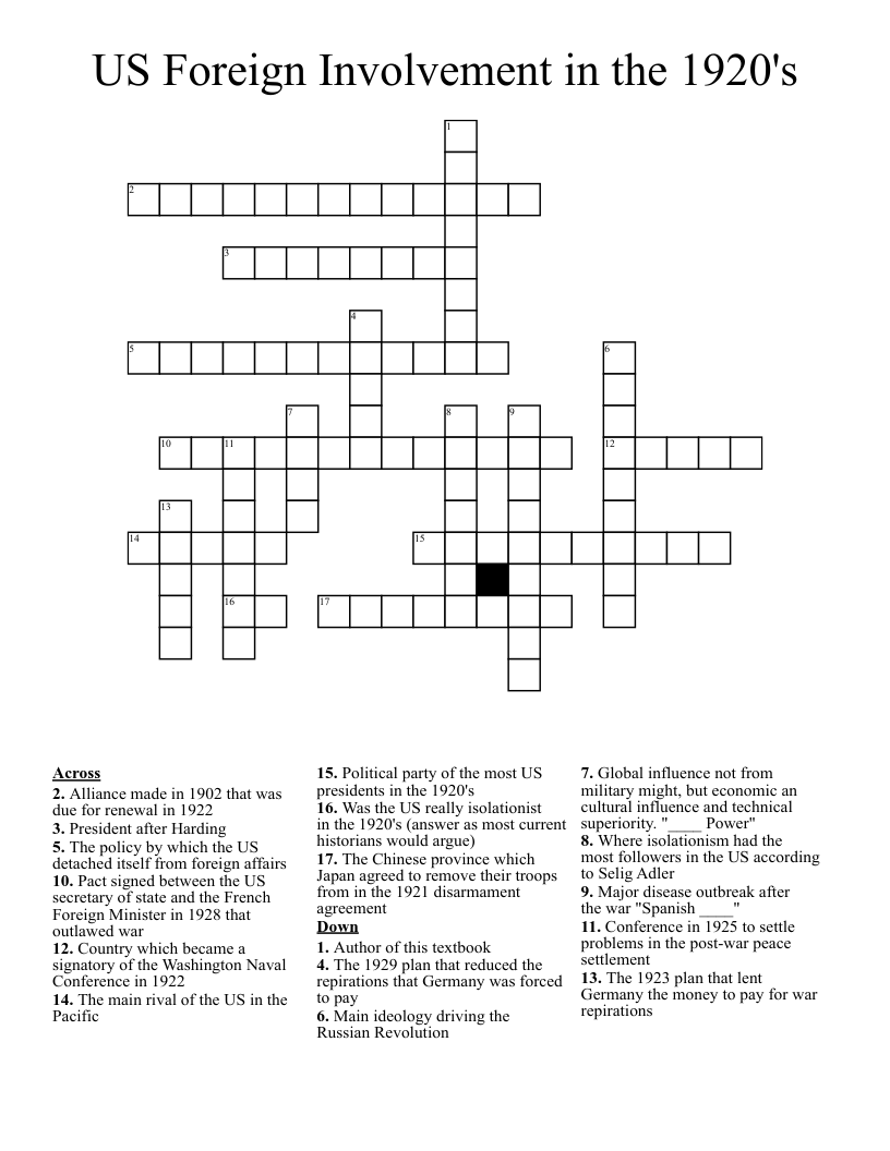 US Foreign Involvement in the 1920's Crossword