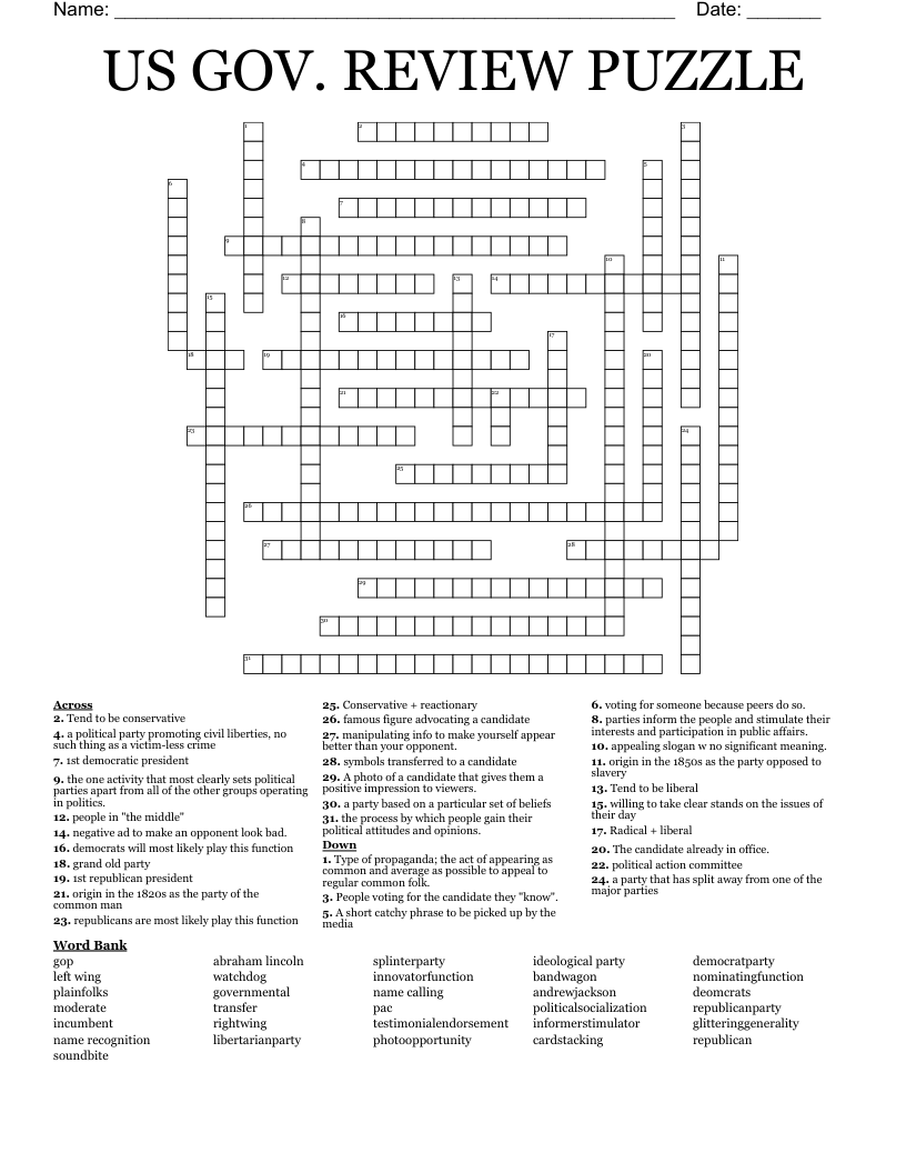US GOV. REVIEW PUZZLE Crossword