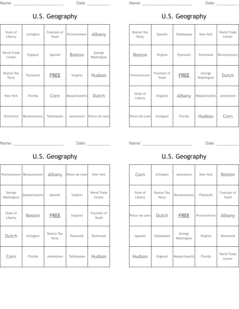 U.S. Geography Bingo Cards