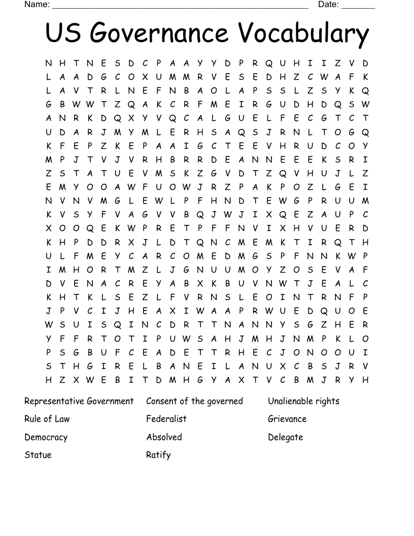 US Governance Vocabulary Word Search