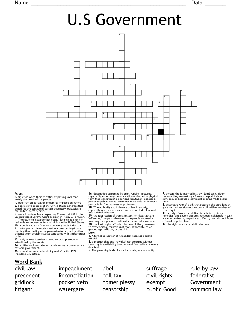 U.S Government Crossword