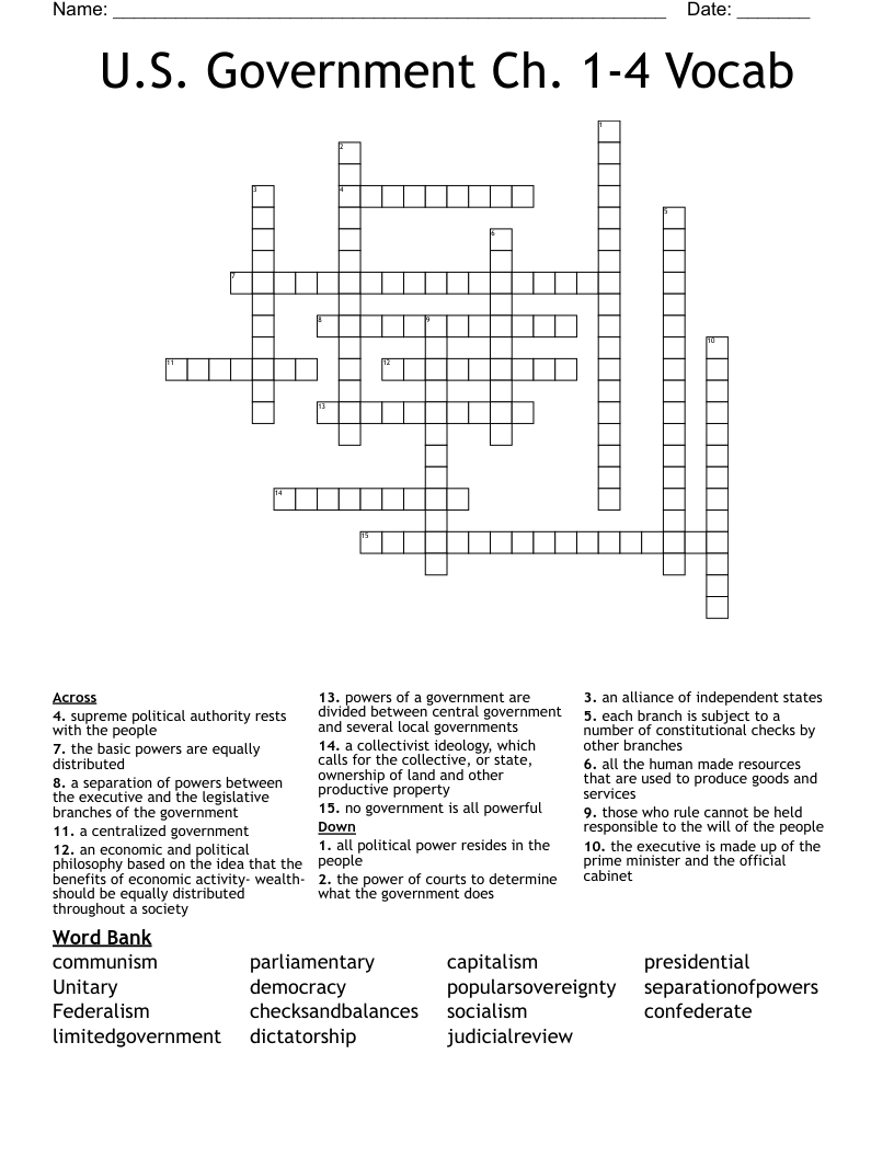 U.S. Government Ch. 1-4 Vocab  Crossword