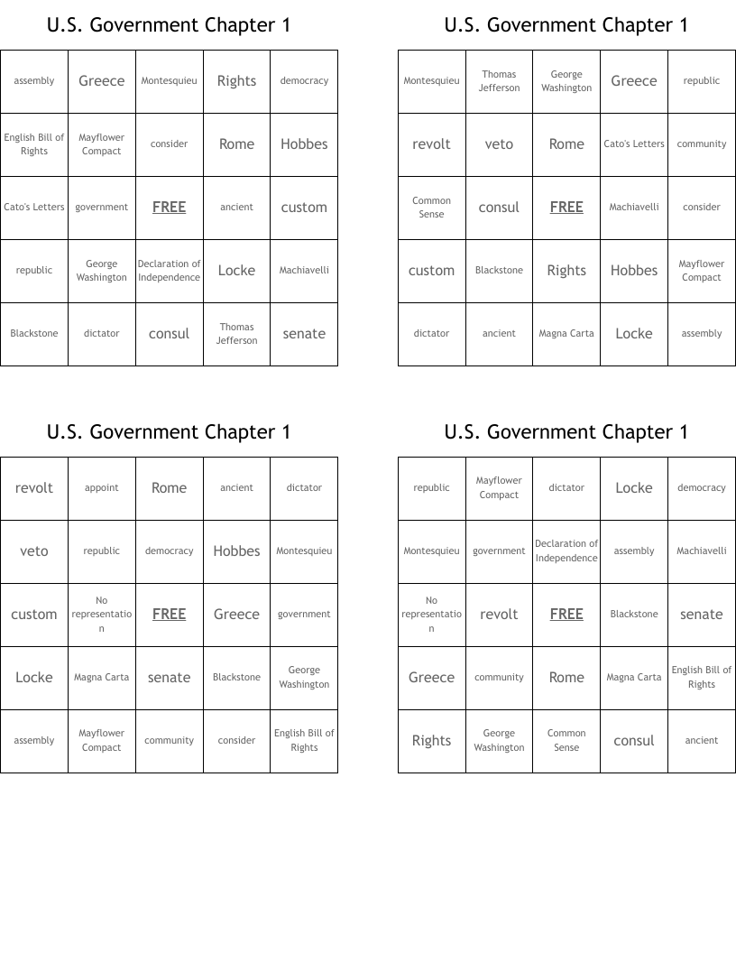 U.S. Government Chapter 1 Bingo Cards