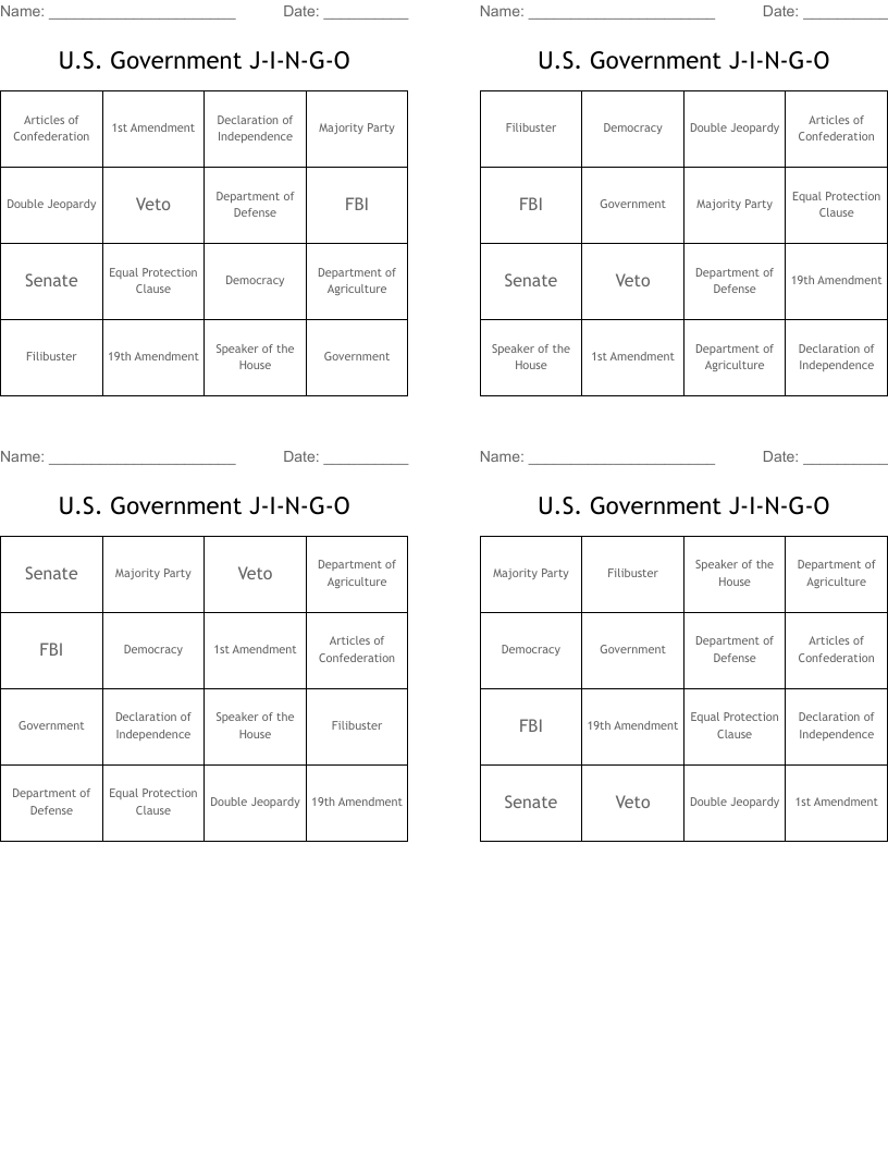 U.S. Government J-I-N-G-O Bingo Cards