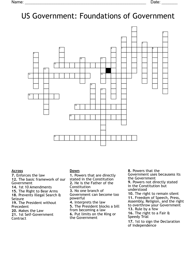 US Government:  Foundations of Government Crossword