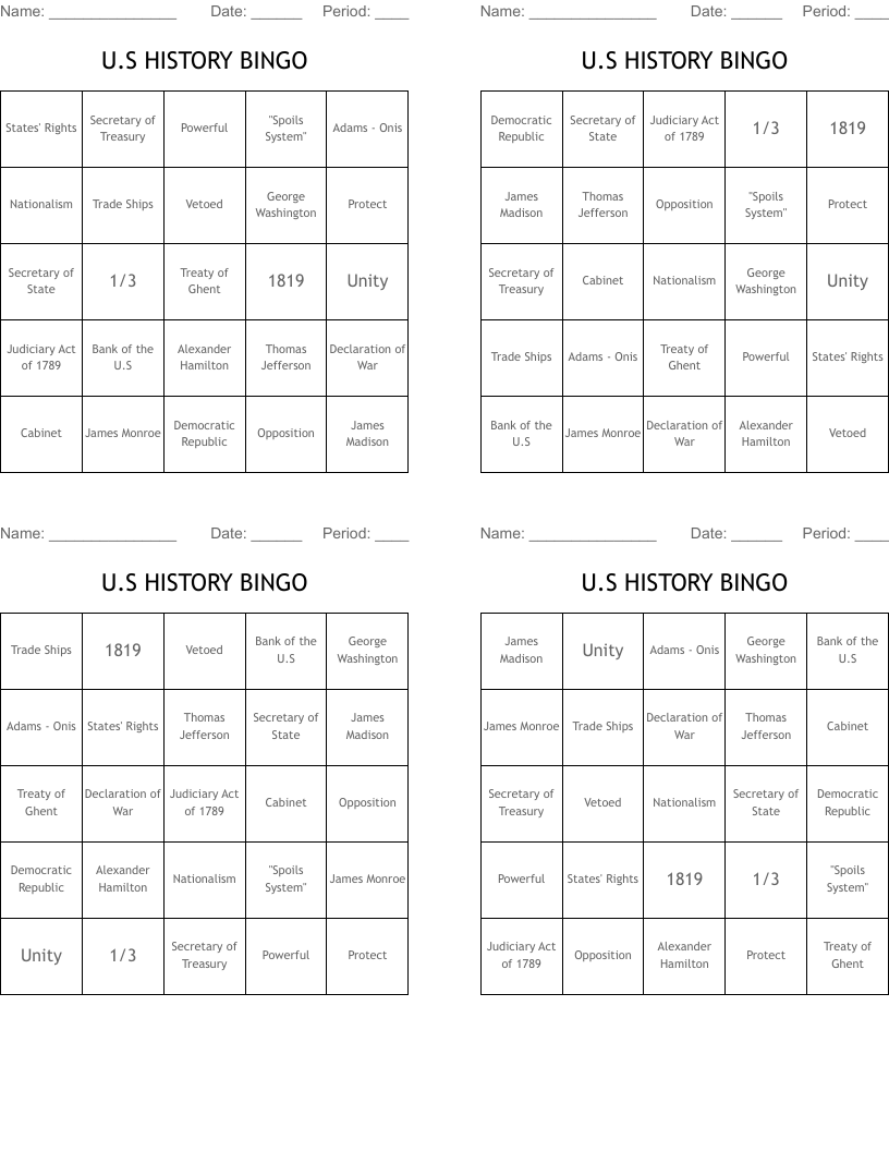 U.S HISTORY BINGO 
