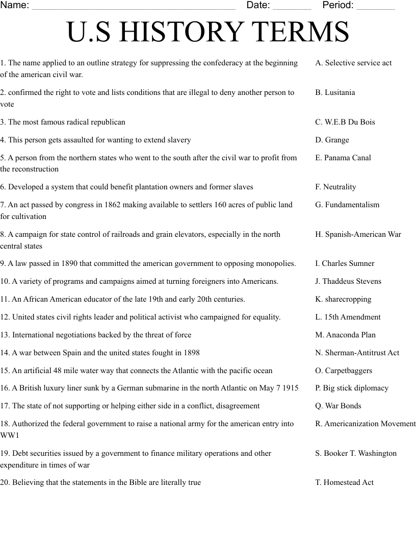 U.S HISTORY TERMS Worksheet