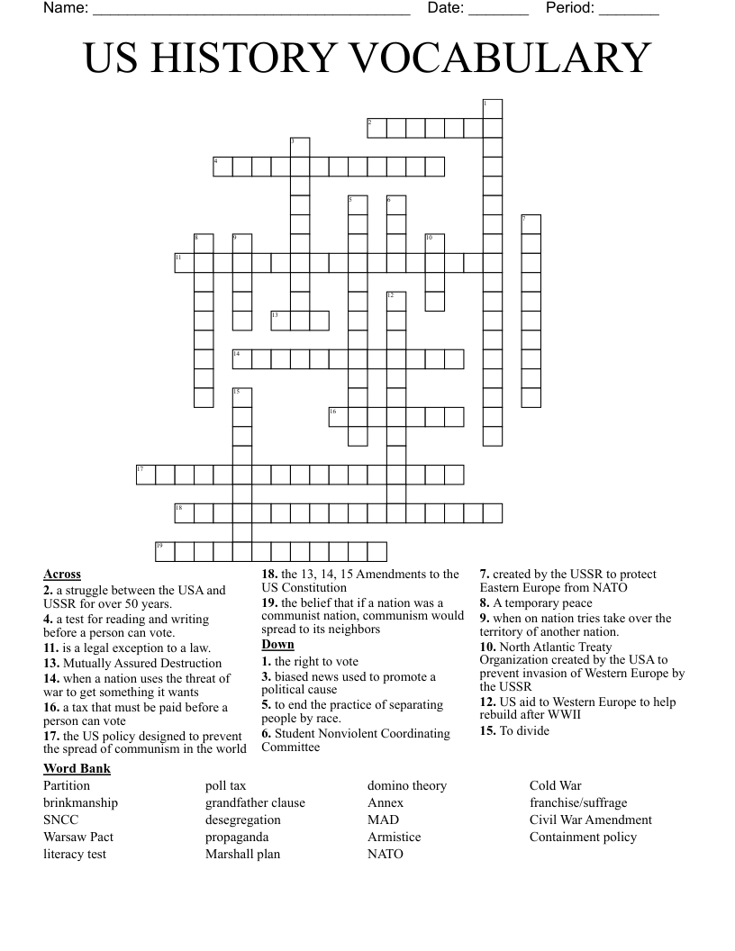 US HISTORY VOCABULARY  Crossword