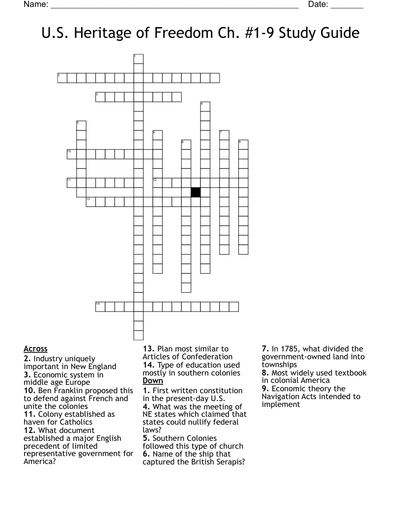 U.S. Heritage of Freedom Ch. #1-9 Study Guide Crossword