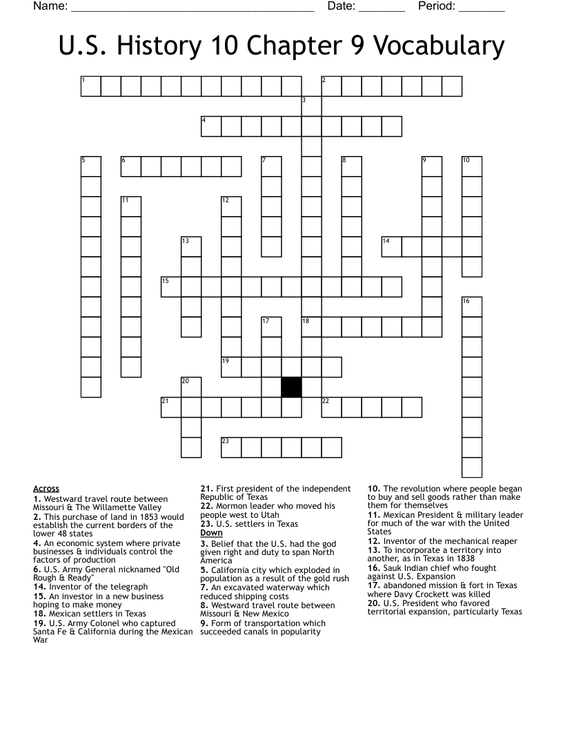 U.S. History 10 Chapter 9 Vocabulary Crossword