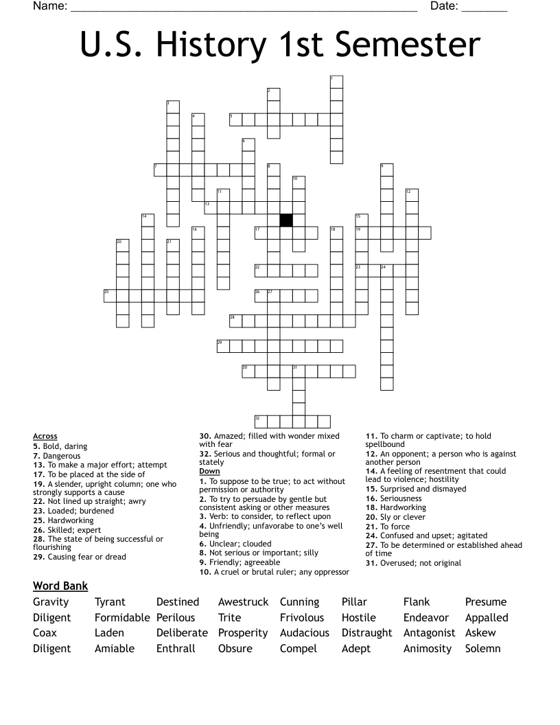 U.S. History 1st Semester Crossword